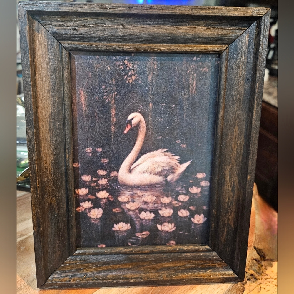 Vtg Wood Frame with Swan & Flowers Art Print